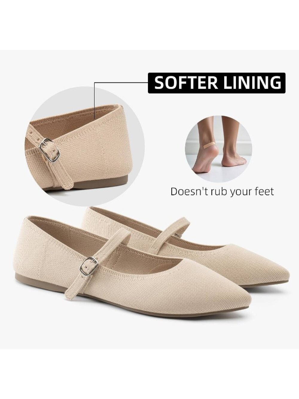 Women's Almond Knit Pointed Toe Ballet Flat Adjustable Strap Buckle Casual Shoes - Picture 4 of 6